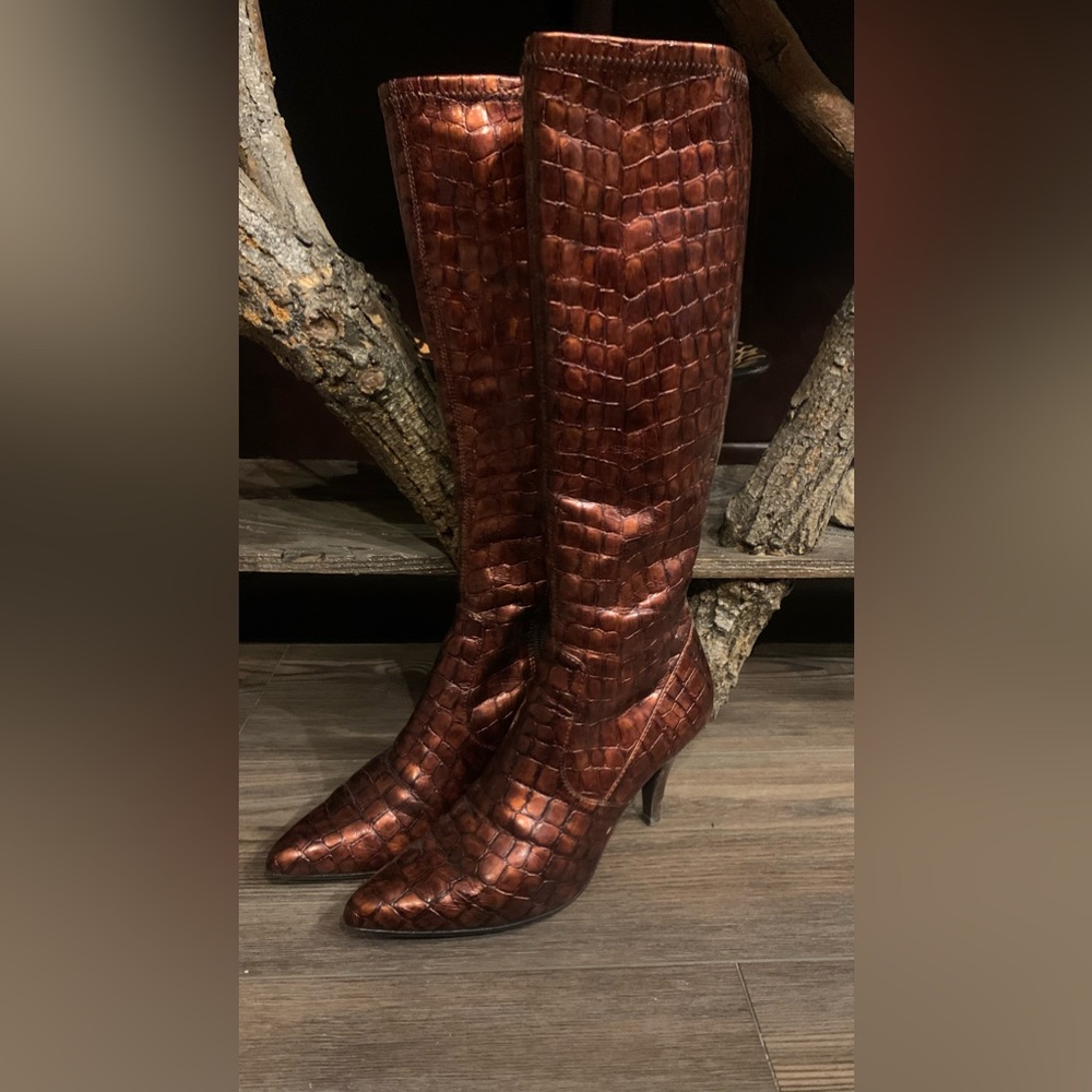 Ruby&Bloom metallic bronze faux leather knee high boot High heel Size 4.5 M